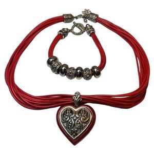 Vintage Red Paisley Swirl Heart Pendant Silver Statement Necklace Bracelet Set
